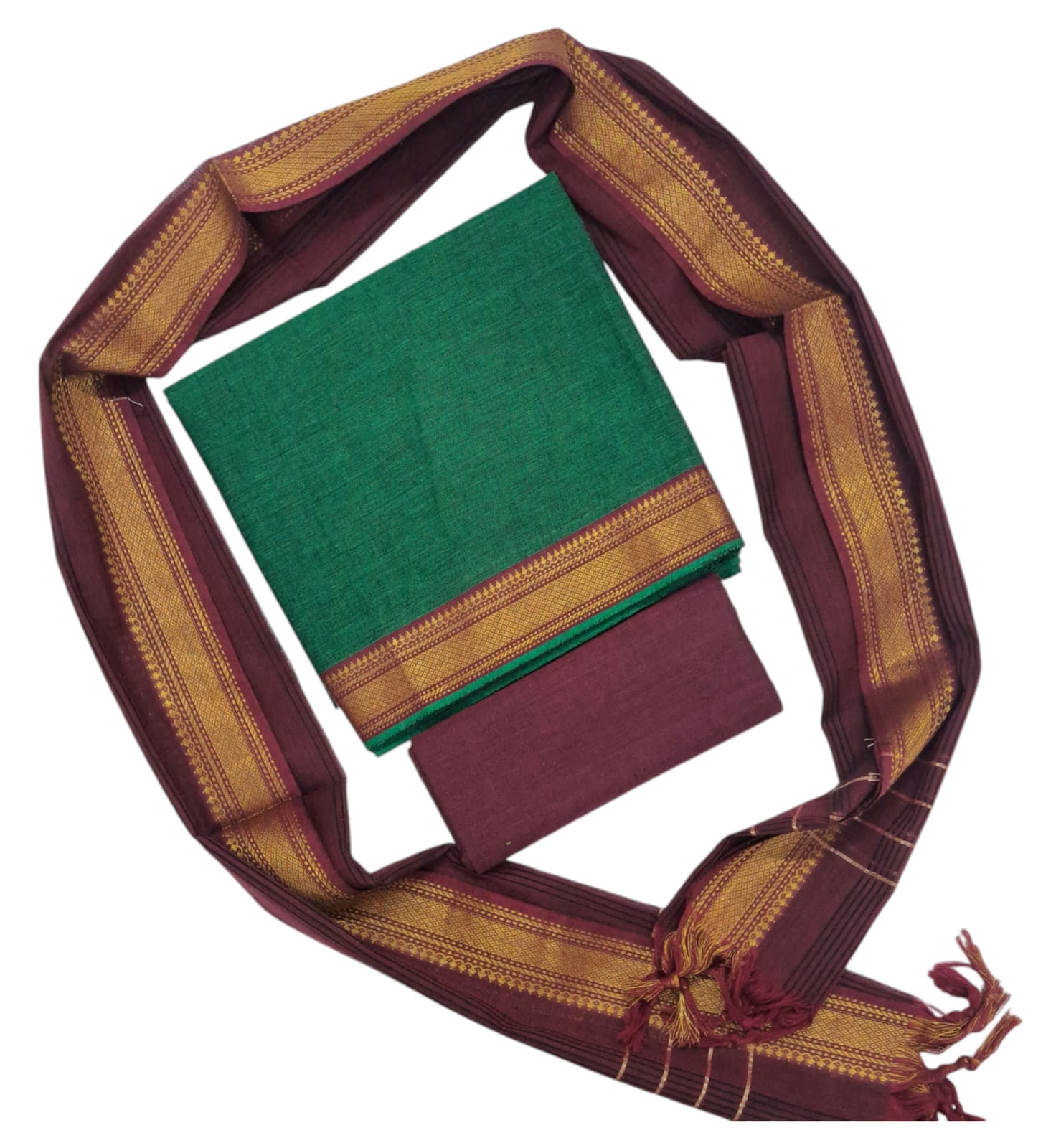 Cotton plain nizam border 3 piece  sets / Brown