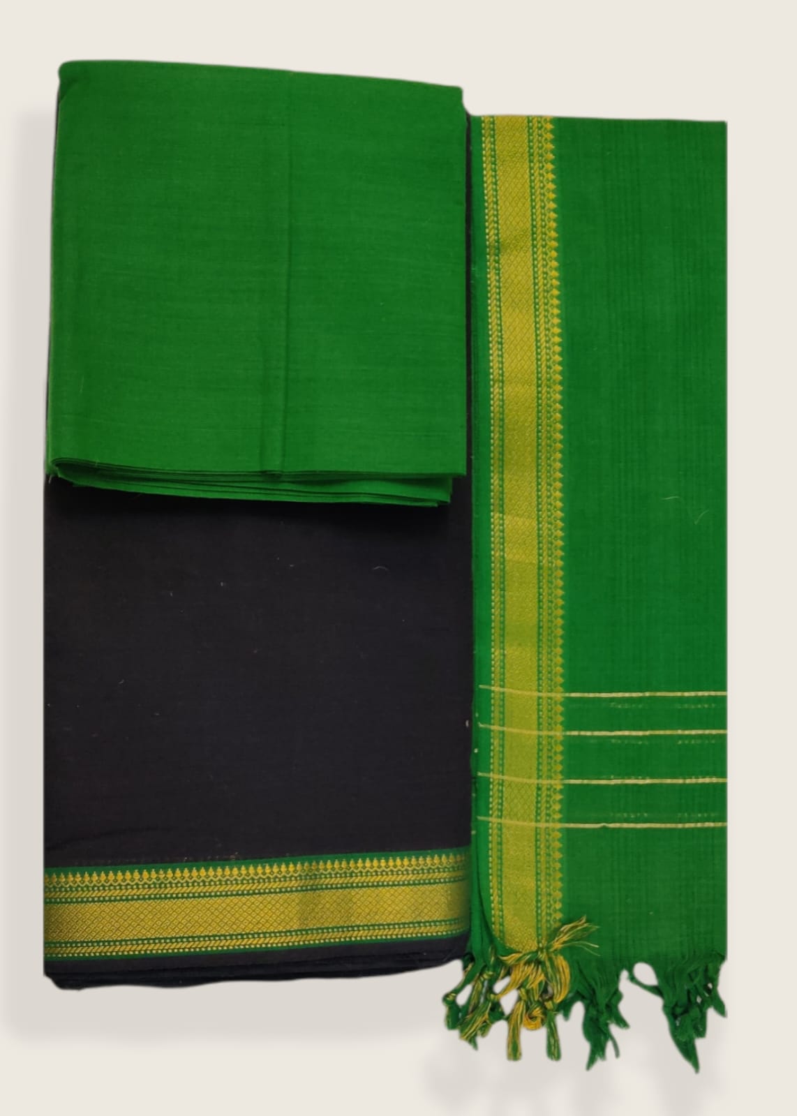 Cotton plain nizam border 3 piece  sets / Black with Green set