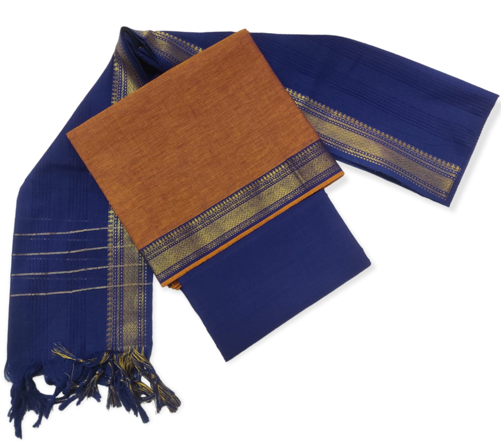 Cotton plain nizam border 3 piece  sets / Burnt Orange with Royal Blue set