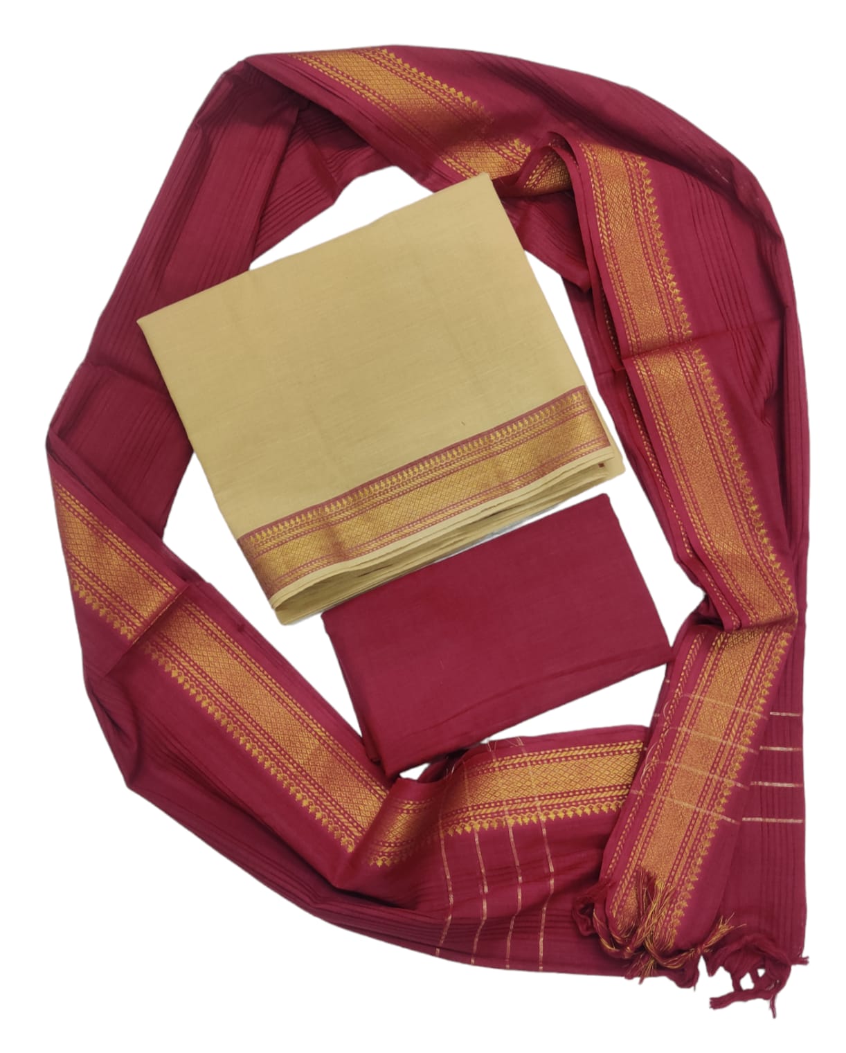 Cotton plain nizam border 3 piece  sets / Sandal with Deep Red set