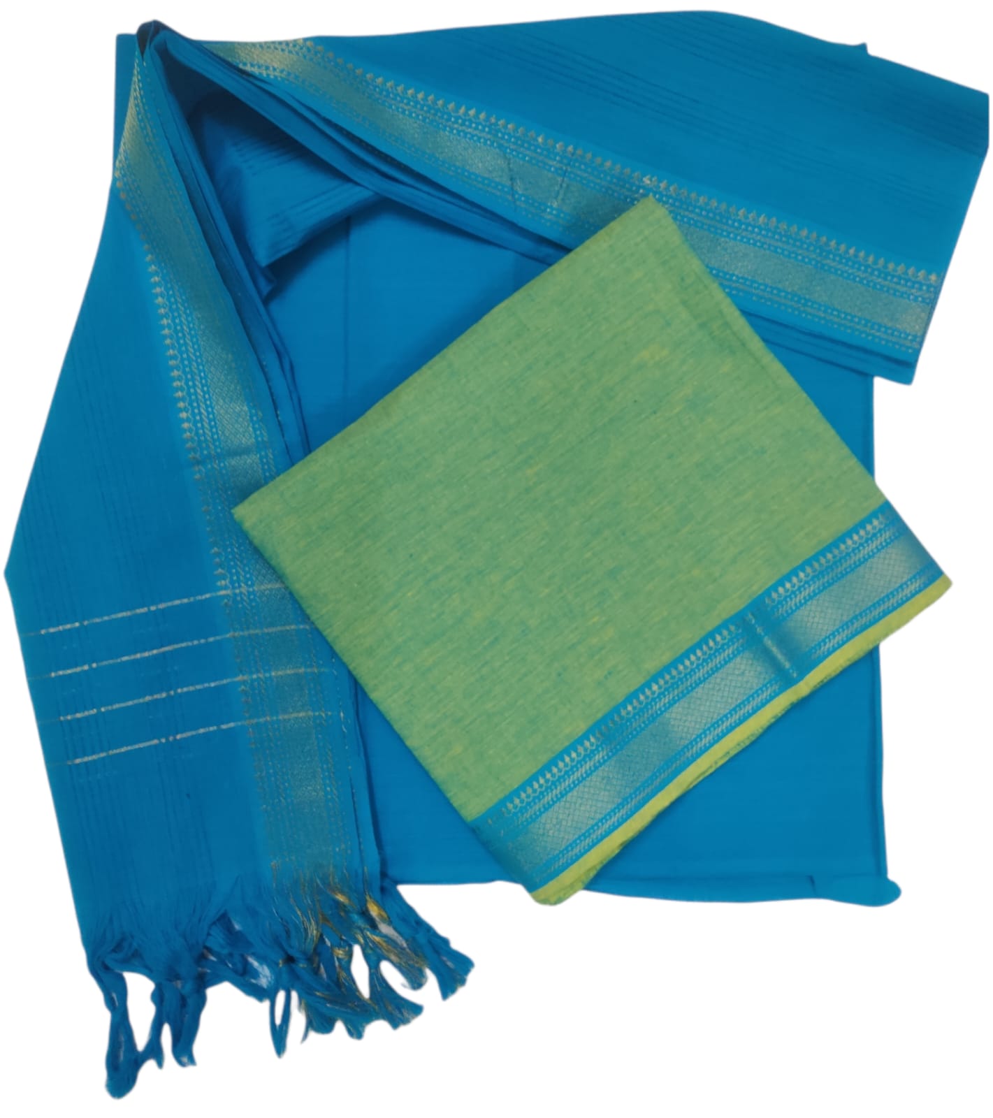 Cotton plain nizam border 3 piece  sets /light green with bright sky blue set
