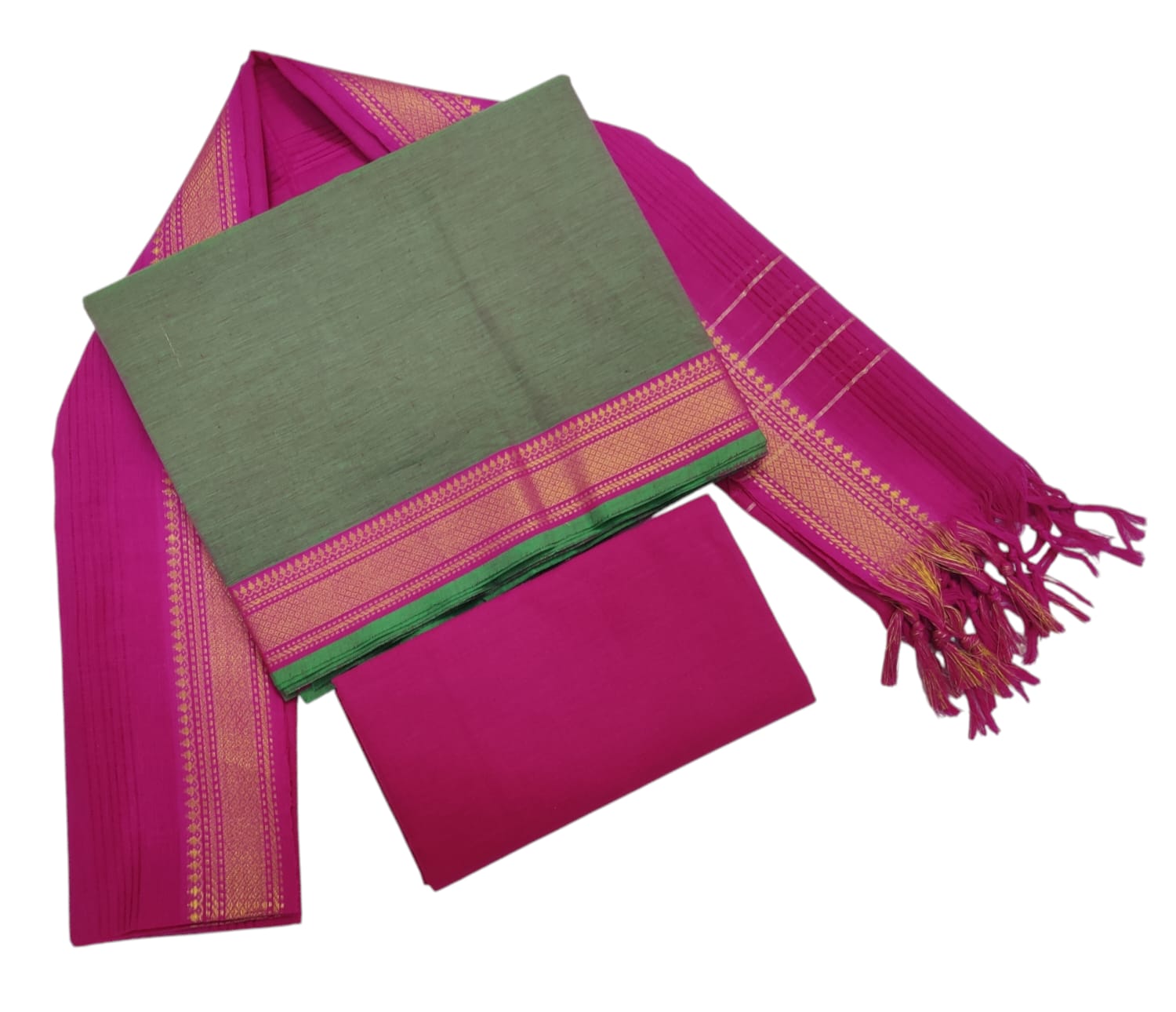 Cotton plain nizam border 3 piece  sets / Green with Rani Pink