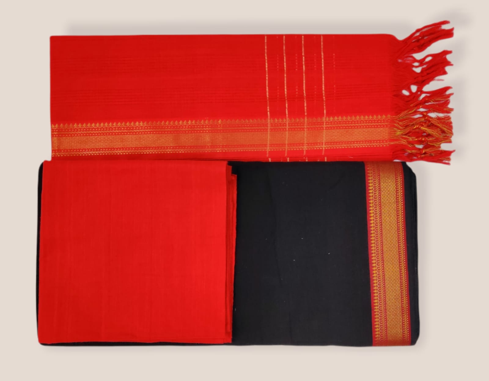 Cotton plain nizam border 3 piece  sets / Black with Bright Red set