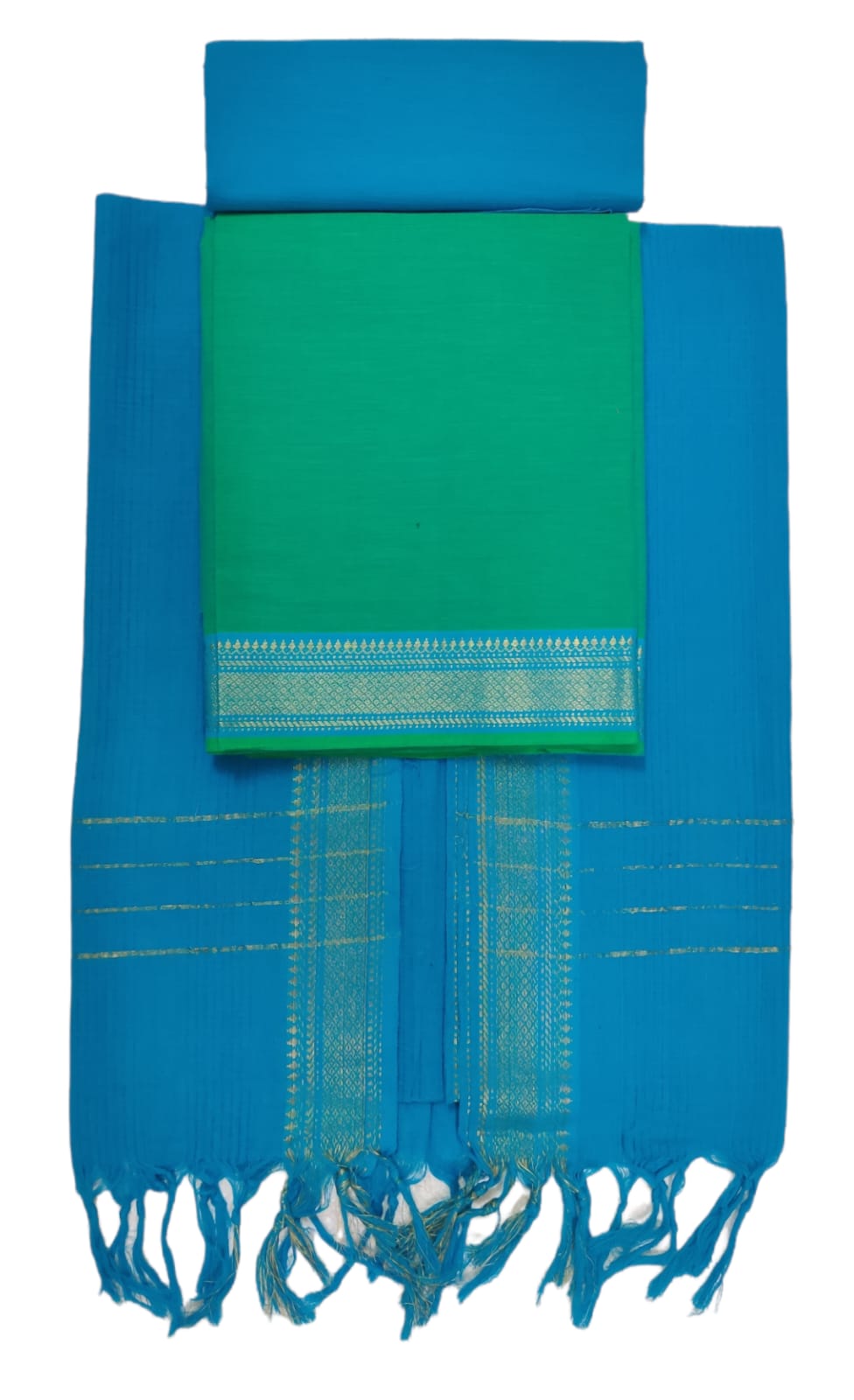 Cotton plain nizam border 3 piece  sets / Green with Blue set