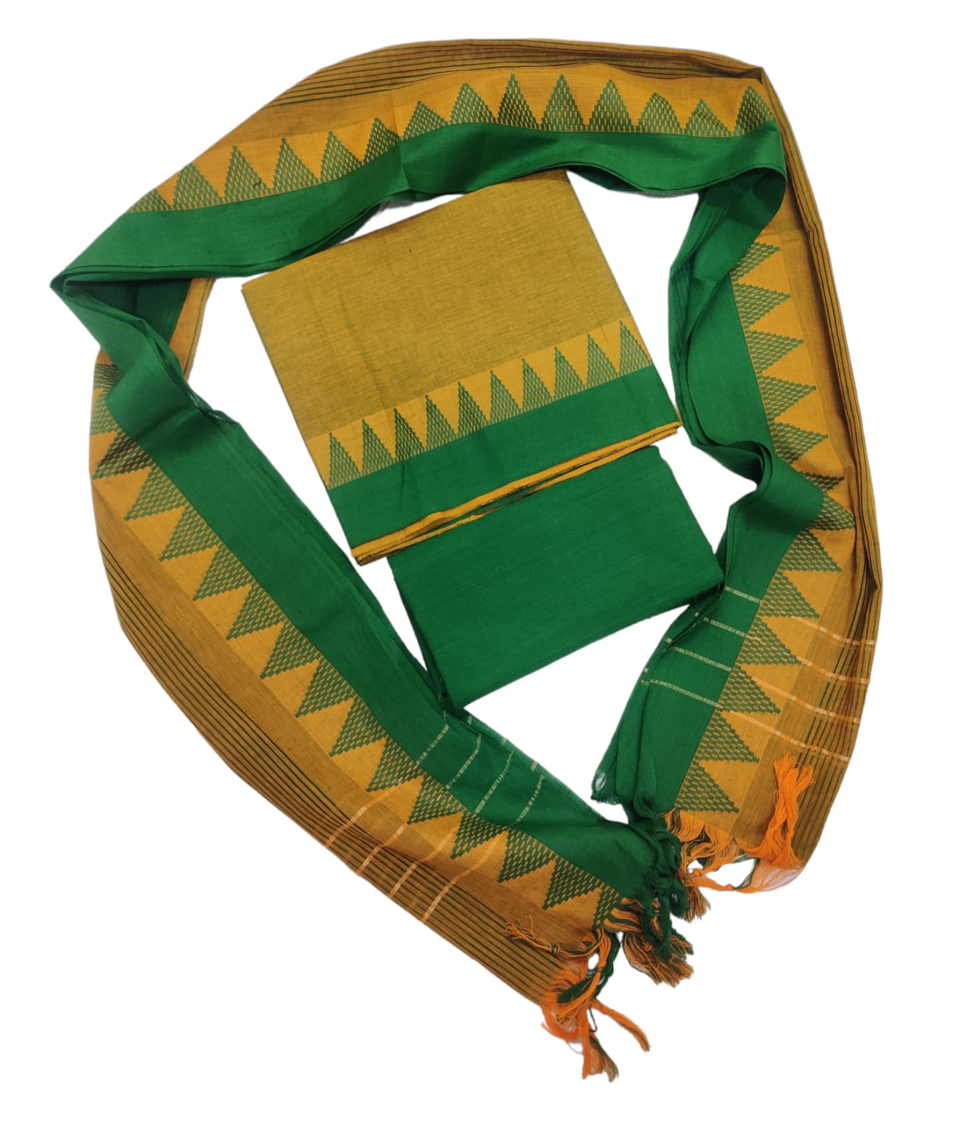 Cotton plain nizam border 3 piece  sets /Mustard yellow with green set