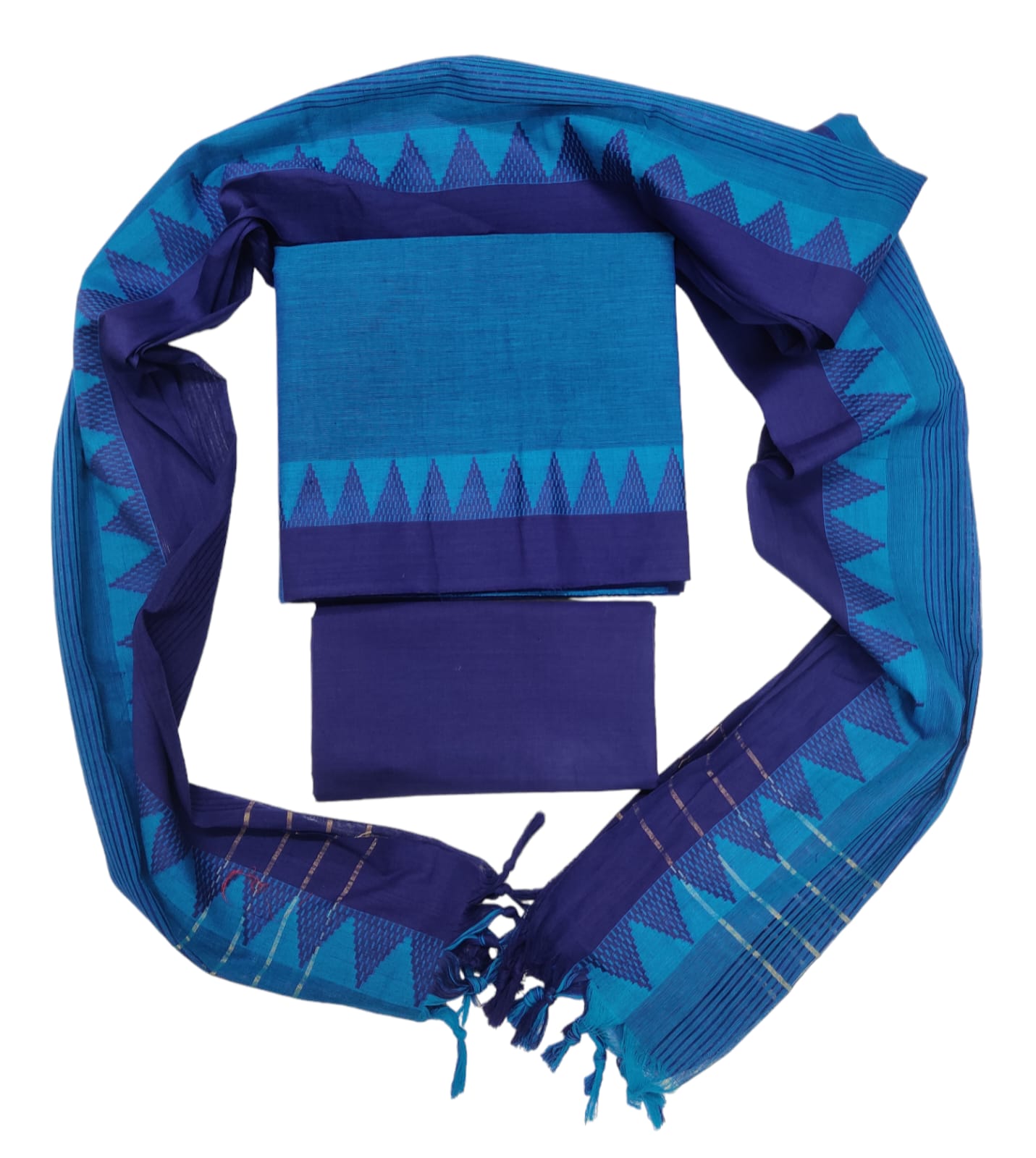 Cotton plain nizam border 3 piece  sets / Sky blue with royal blue
