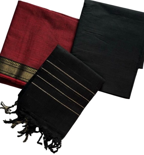 Cotton plain nizam border 3 piece  sets / Black