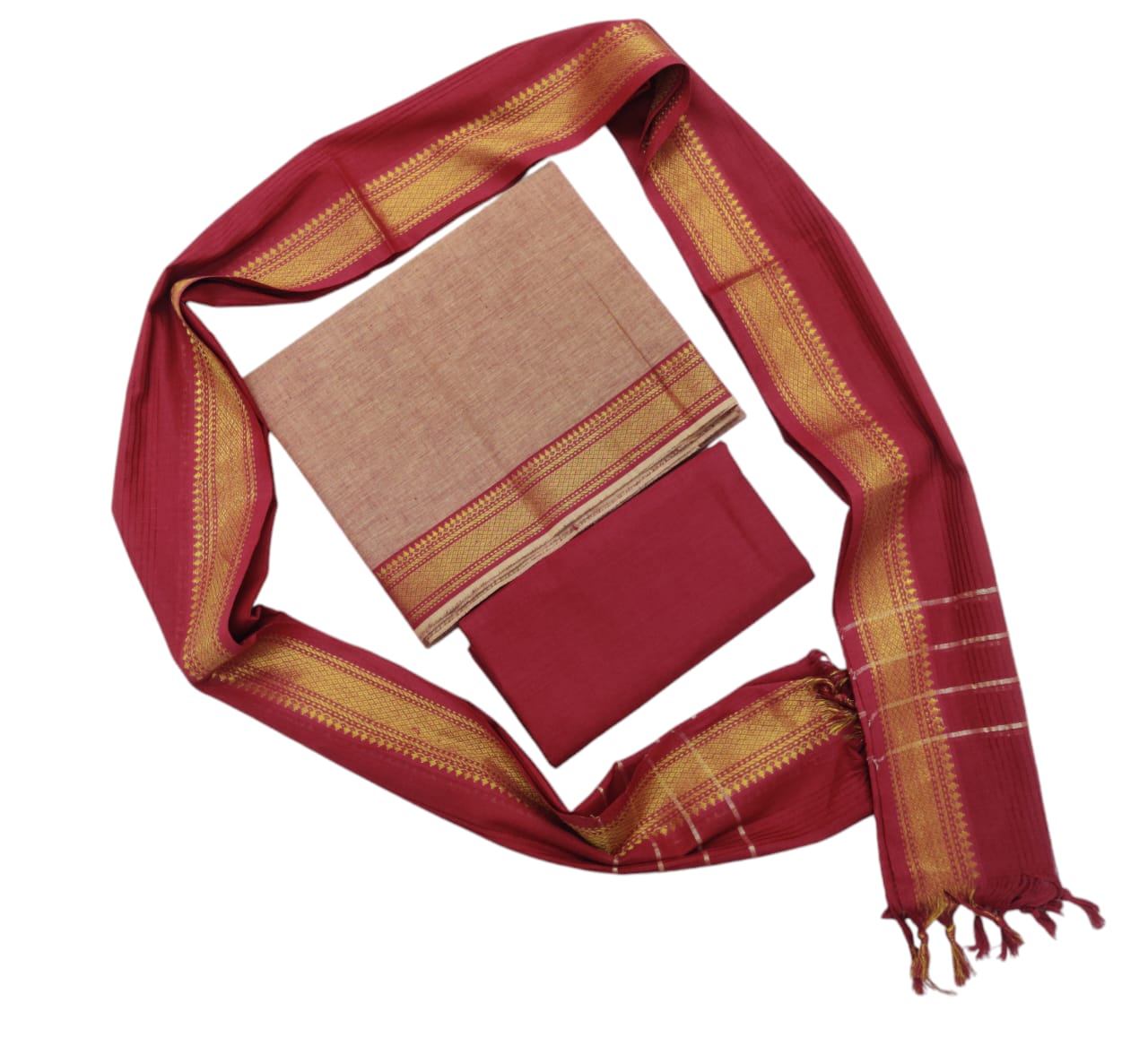 Cotton plain nizam border 3 piece sets / Brown with Maroon Set