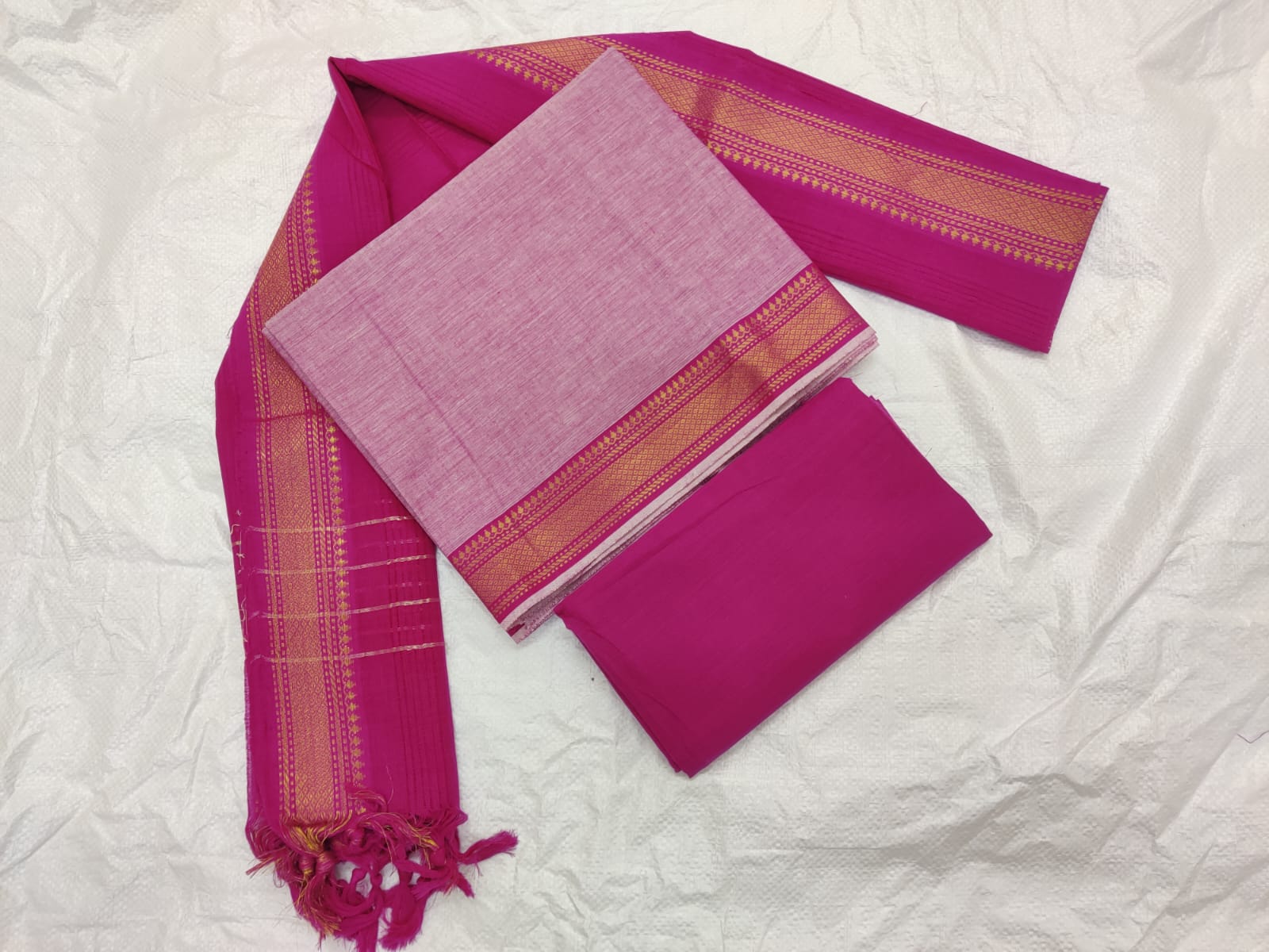 Cotton plain nizam border 3 piece  sets / Light pink with Rani pink