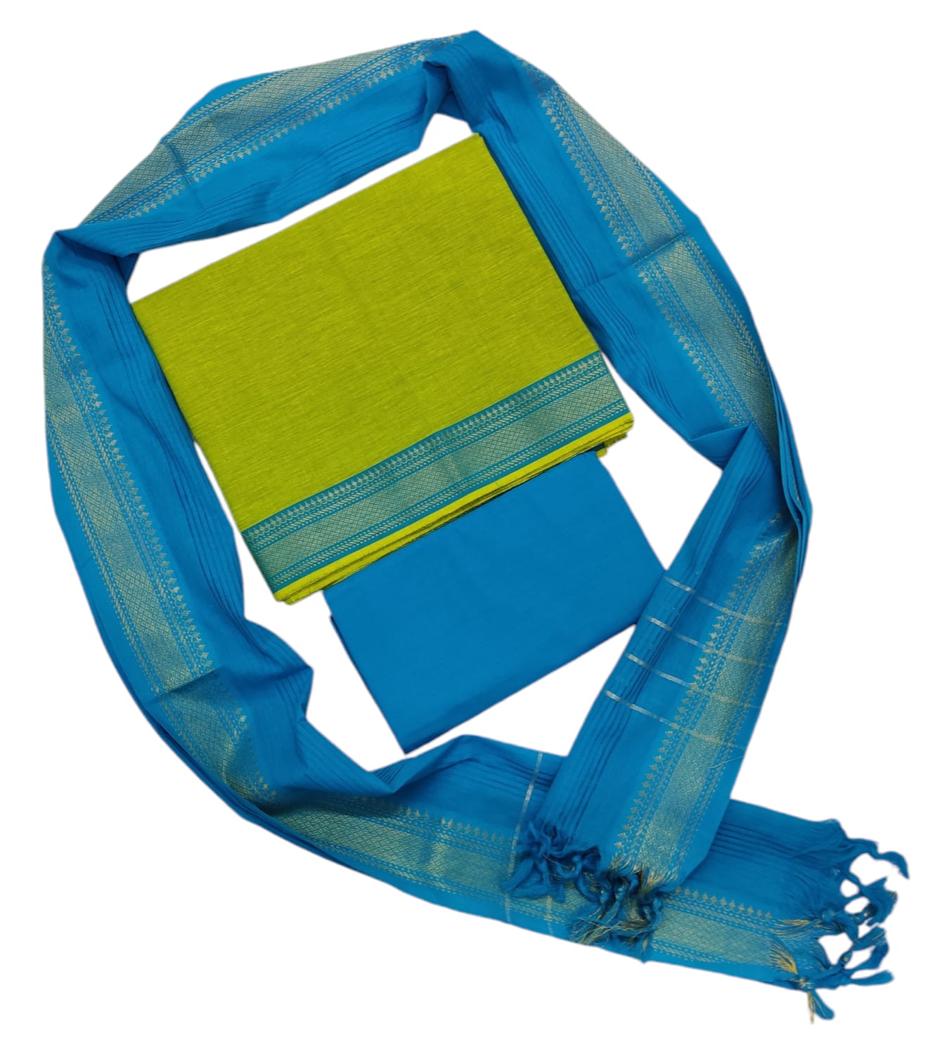 Cotton plain nizam border 3 piece  sets / Lime Green with Sky Blue