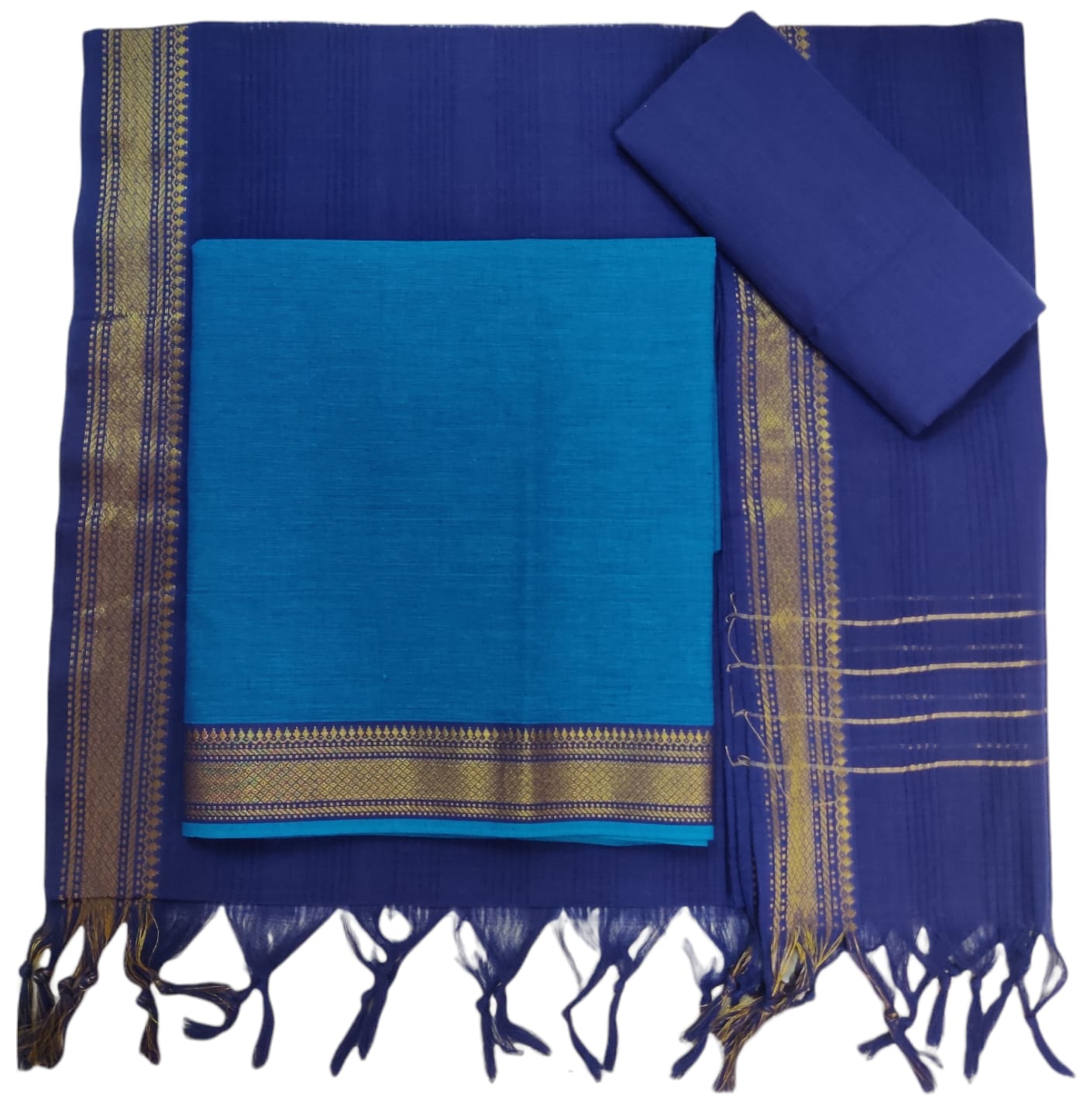 Cotton plain nizam border 3 piece  sets/ Blue with Navy Blue Set