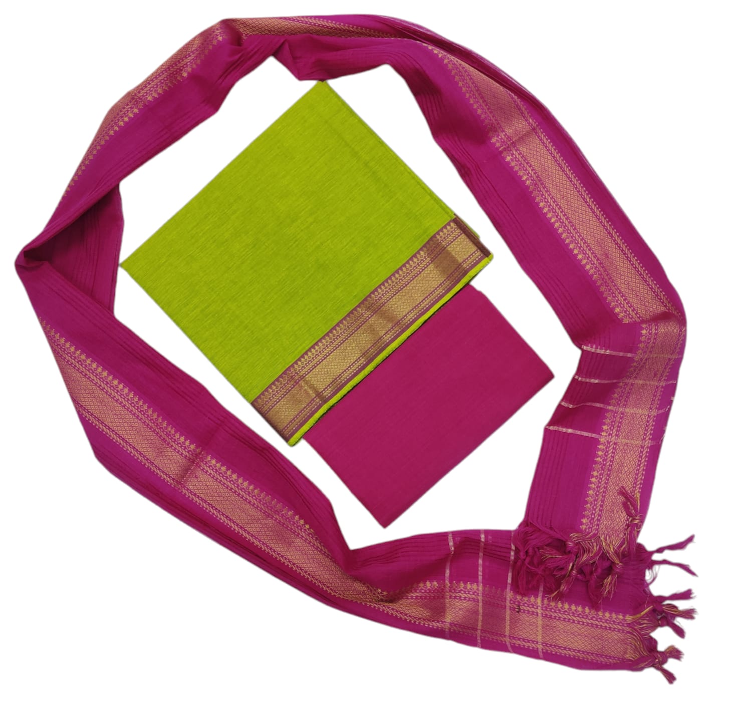 Cotton plain nizam border 3 piece  sets / Lime Green with Rani Pink