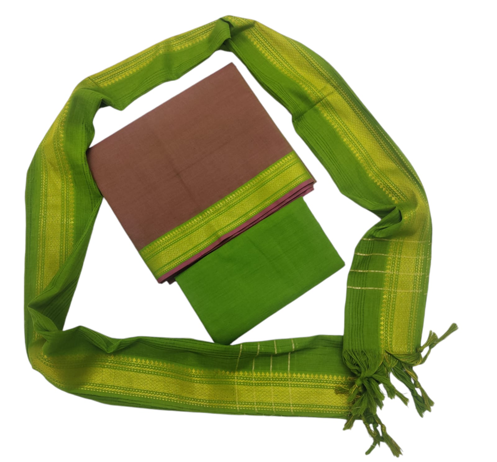 Cotton plain nizam border 3 piece  sets / Green with Light Brown