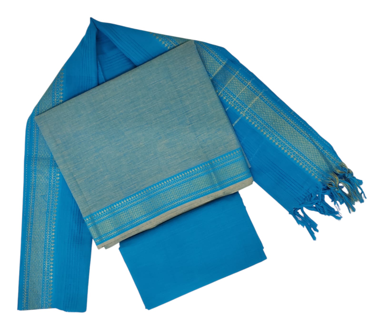 Cotton plain nizam border 3 piece  sets / Light Blue with Bright Sky Blue set
