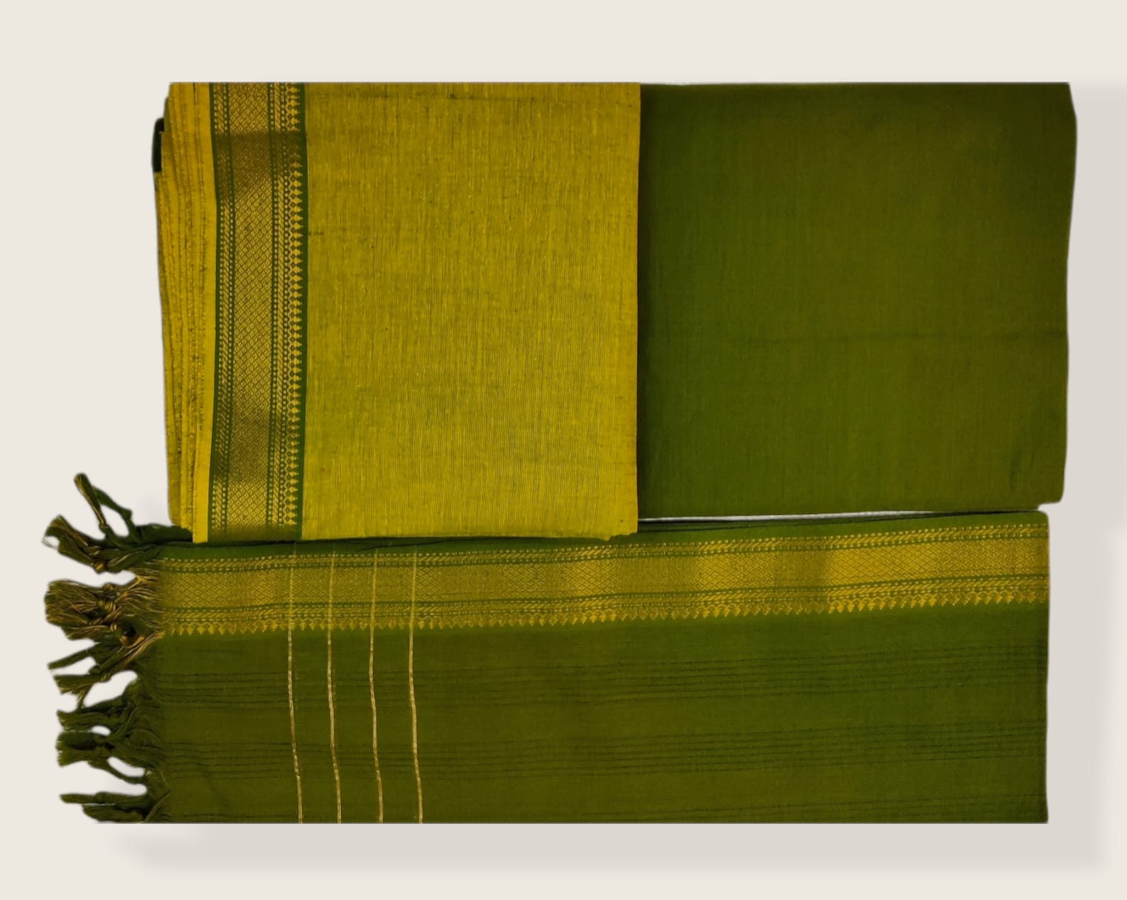 Cotton plain nizam border 3 piece  sets / Mustard yellow with deep olive green set