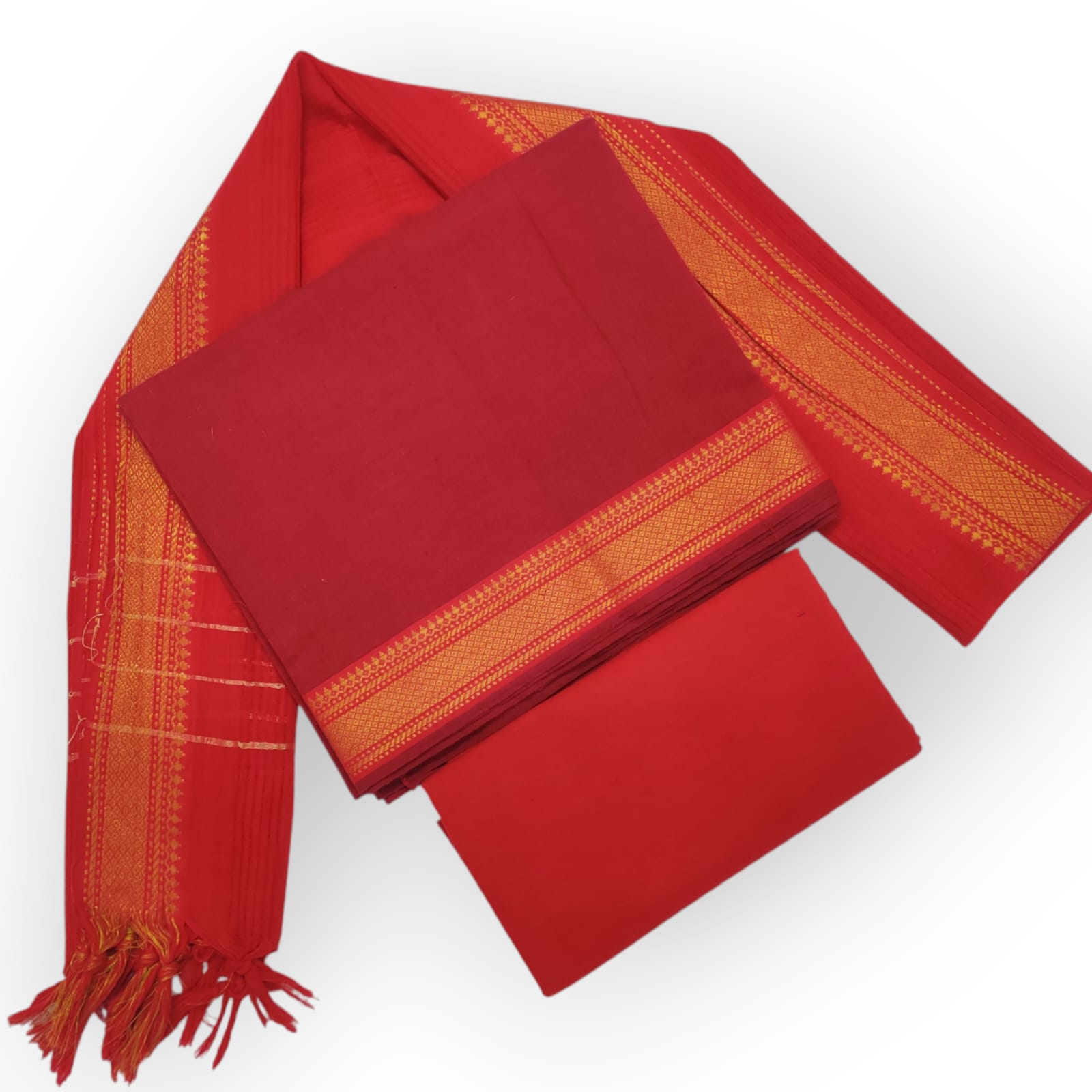 Cotton plain nizam border 3 piece  sets / deep red with bright red set