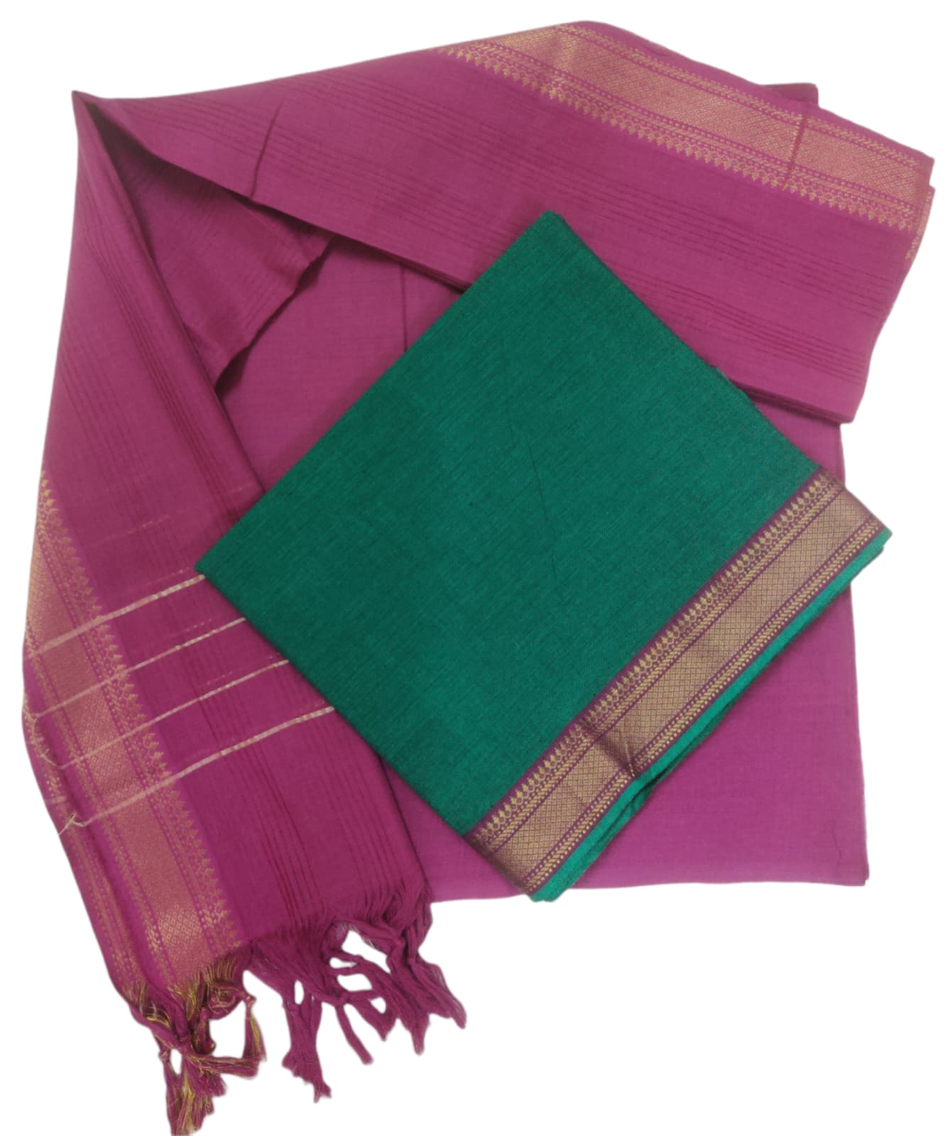 Cotton plain nizam border 3 piece  sets / Bright Green with Rani Pink set