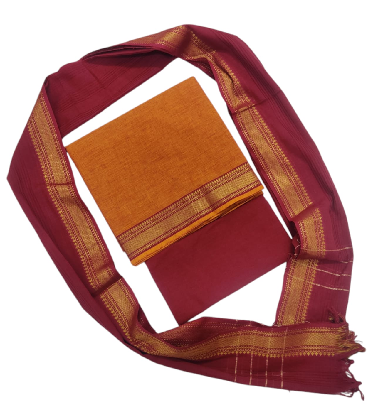 Cotton plain nizam border 3 piece  sets /Rust orange with Maroorn set