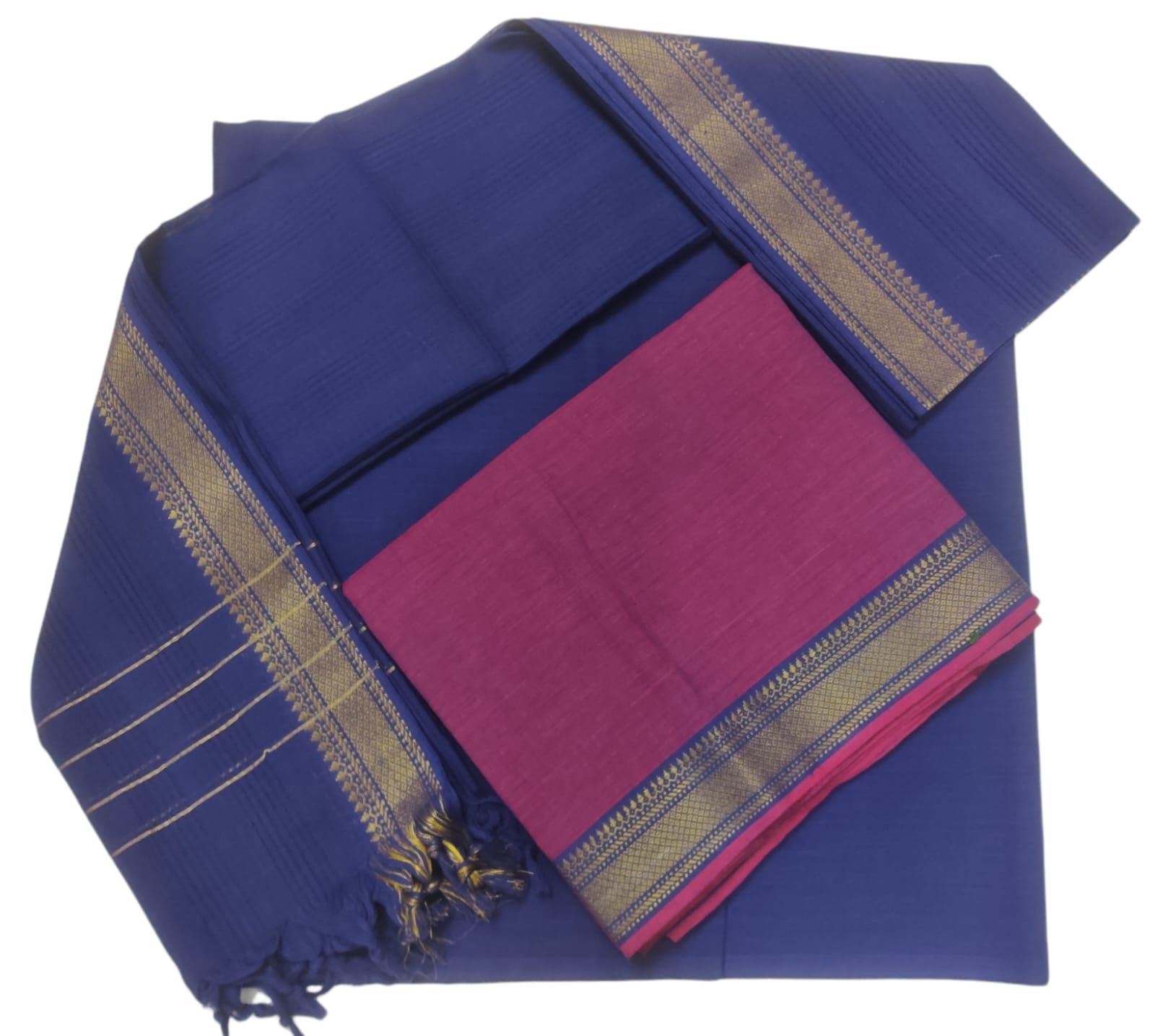 Cotton plain nizam border 3 piece  sets / Magenta with deep royal blue