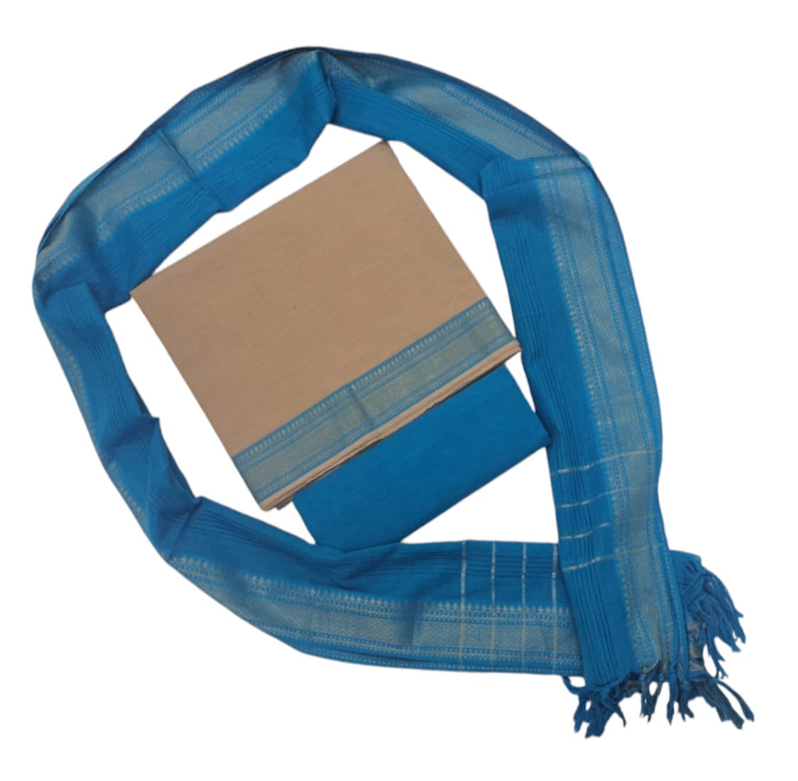 Cotton plain nizam border 3 piece  sets / Light Brown with Blue set