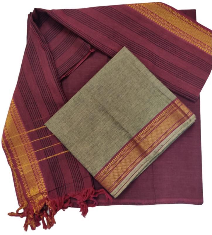 Cotton plain nizam border 3 piece  sets / Dark muted olive green with maroon set