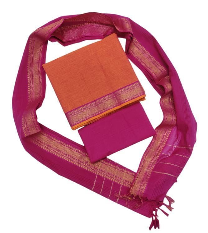 Cotton plain nizam border 3 piece  sets / Orange with rani pink set