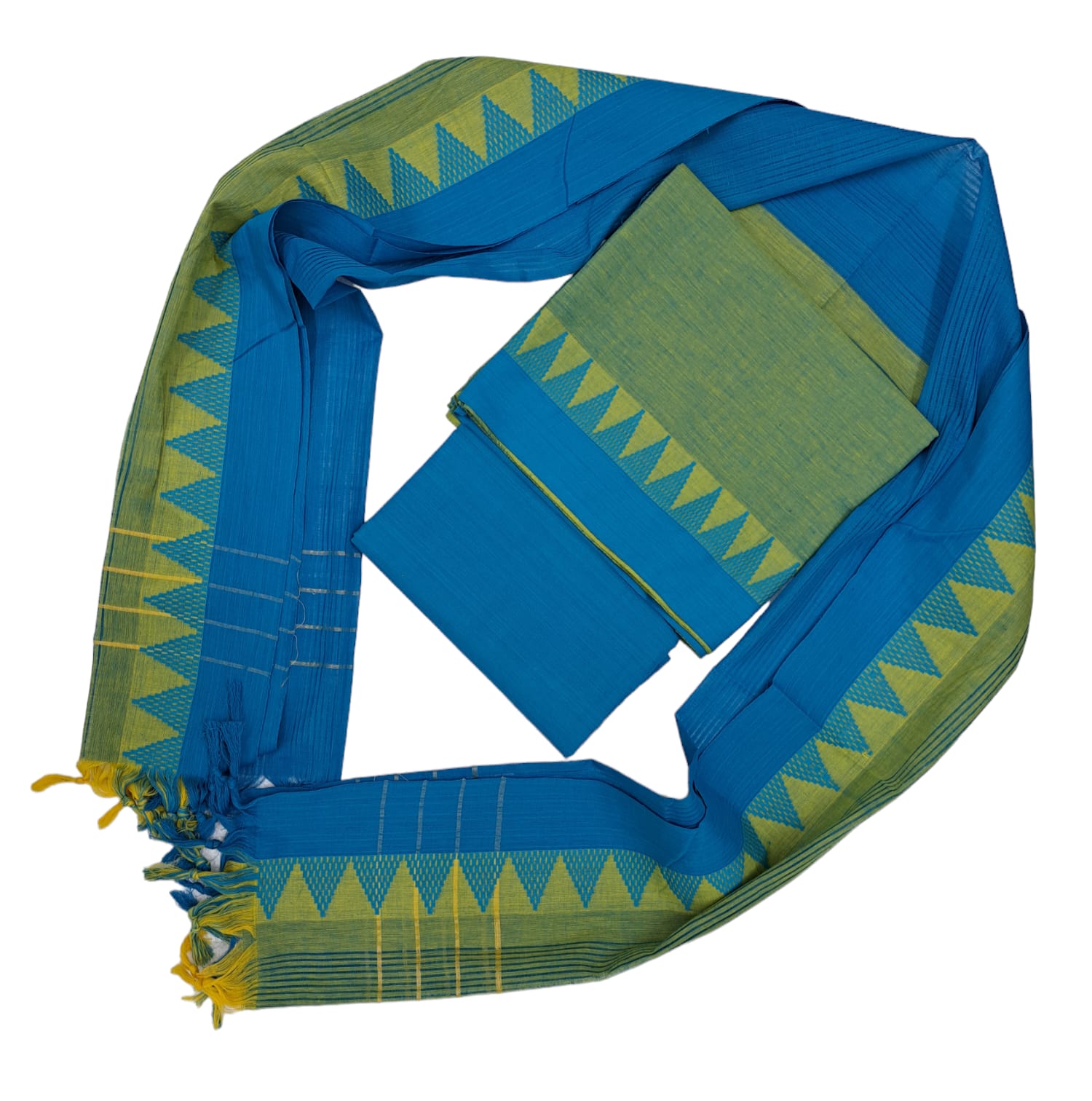 Cotton plain nizam border 3 piece  sets / Light green with blue set