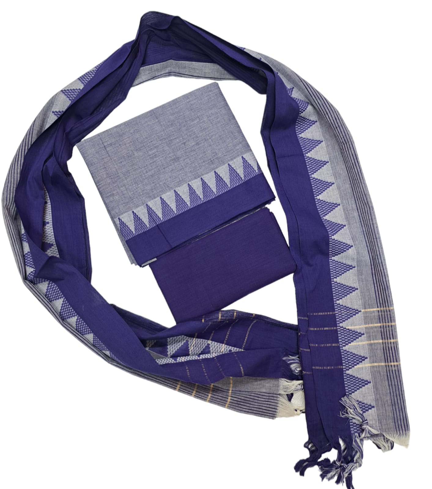 Cotton plain nizam border 3 piece  sets / Bluish grey with ink blue set