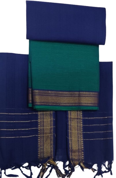 Cotton plain nizam border 3 piece  sets / Dark Blue